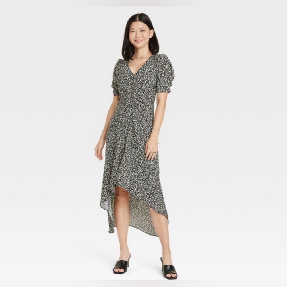 A New Day Women's Crepe Short Sleeve Midi Dress Green Floral multiple sizes